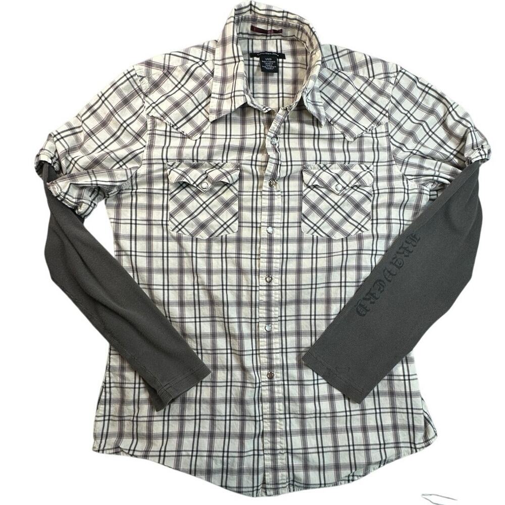 Calvin Klein Jeans Shirt Pearl Snap Plaid Layered Sleeve Western